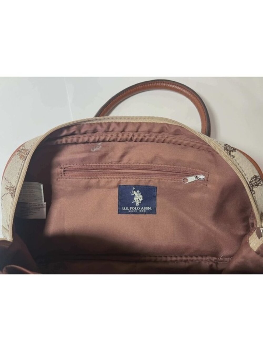 US Polo Assn Monogram Satchel Handbag Brown Canvas Faux Leather Horse Print Logo - Picture 3 of 13